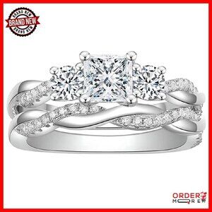 Sterling Silver 1ct Princess Cut Moissanite Bridal Set Size 6-9